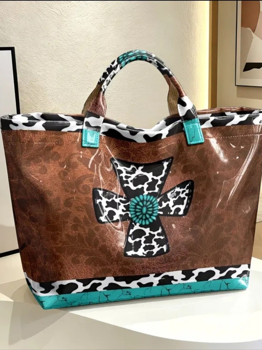 Beautiful Western Print Turquoise Brown PVC Large Daily Commute Tote